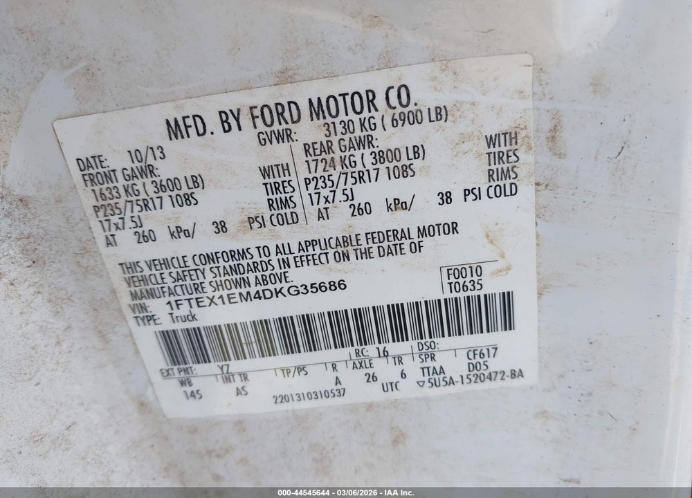 2013 FORD F-150 XL VIN: 1FTEX1EM4DKG35686