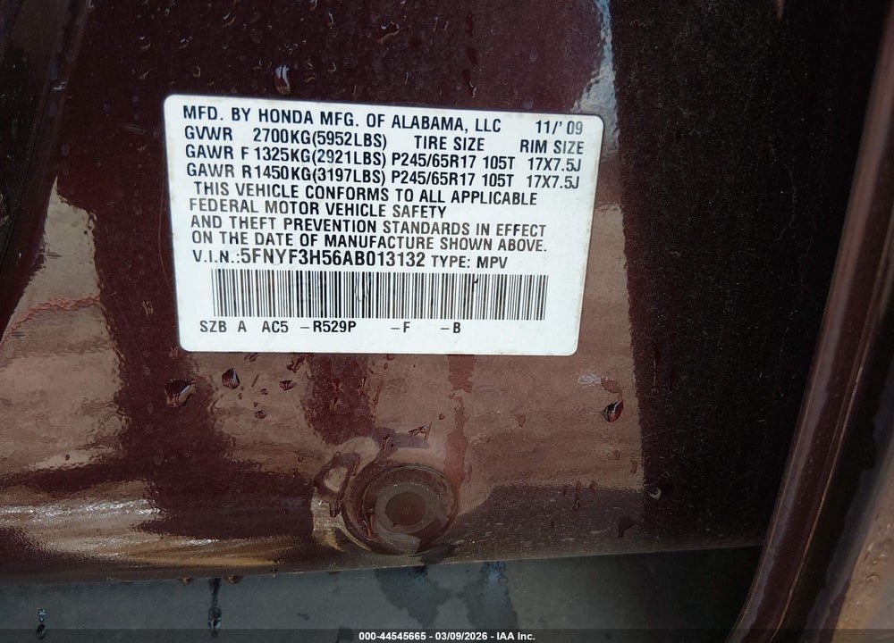 2010 HONDA PILOT EX-L VIN: 5FNYF3H56AB013132
