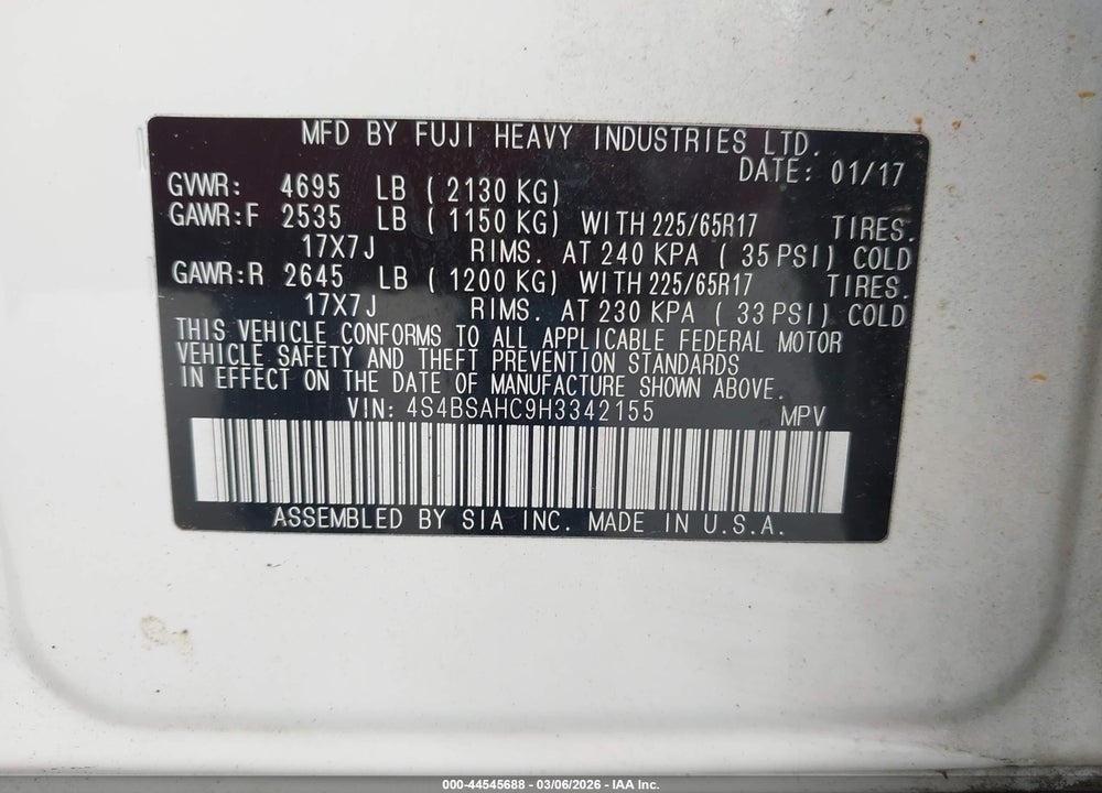 2017 SUBARU OUTBACK 2.5I PREMIUM VIN: 4S4BSAHC9H3342155