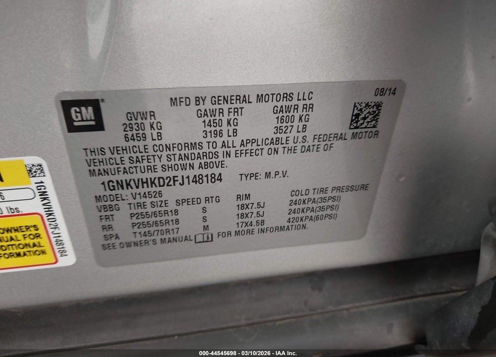 2015 CHEVROLET TRAVERSE 2LT VIN: 1GNKVHKD2FJ148184