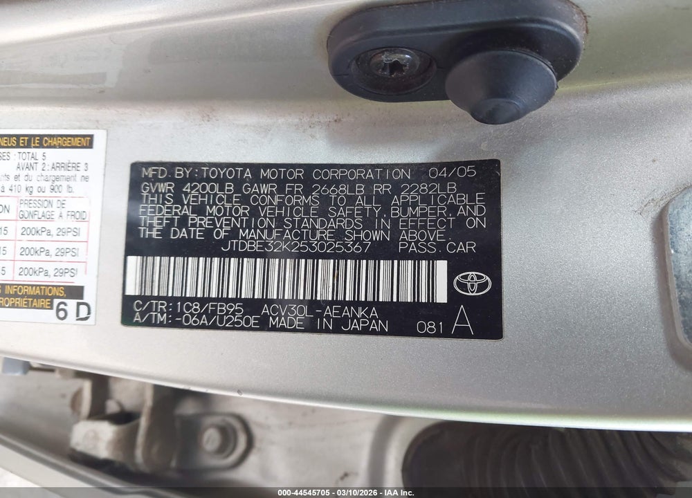 2005 TOYOTA CAMRY LE VIN: JTDBE32K253025367