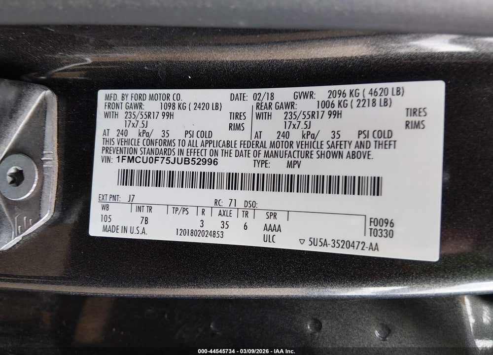 2018 FORD ESCAPE S VIN: 1FMCU0F75JUB52996