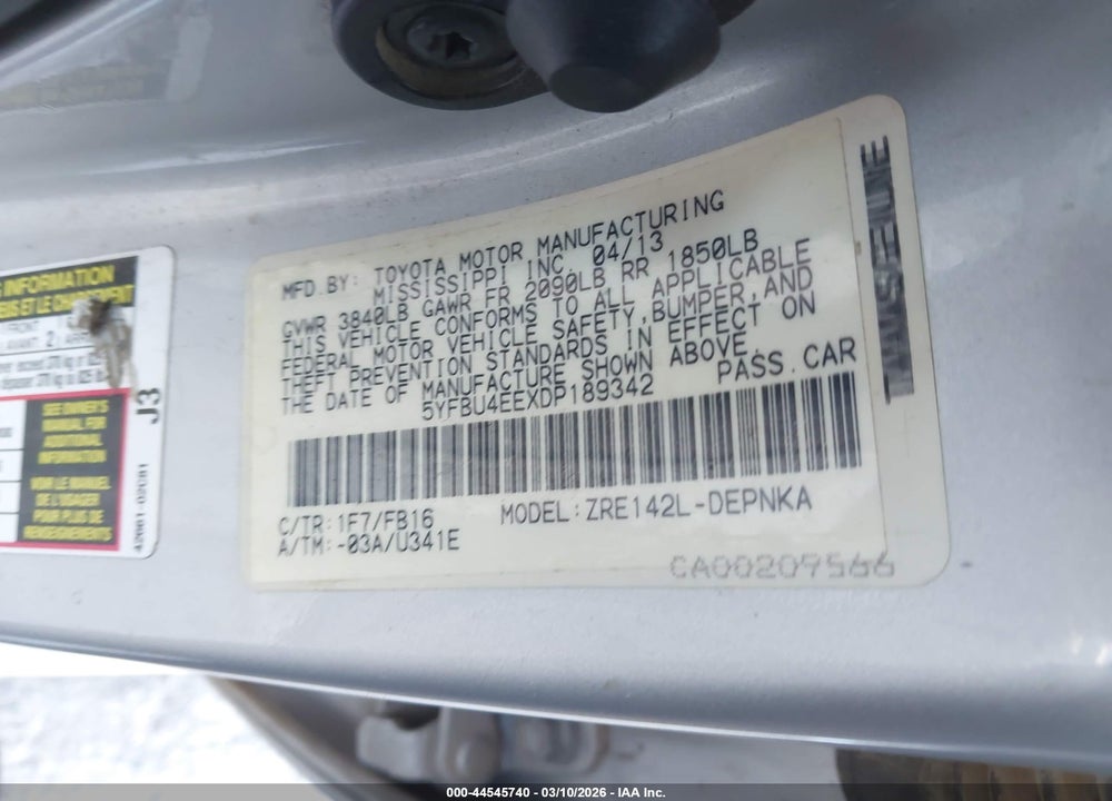 2013 TOYOTA COROLLA LE VIN: 5YFBU4EEXDP189342