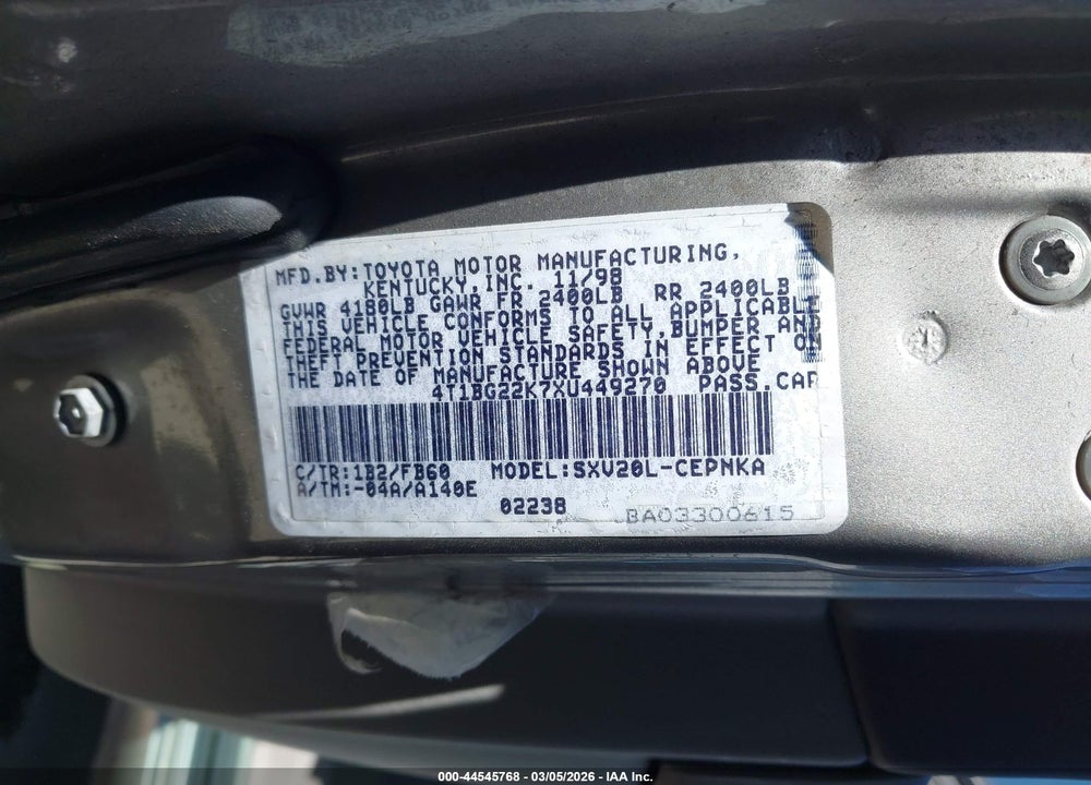1999 TOYOTA CAMRY LE VIN: 4T1BG22K7XU449270