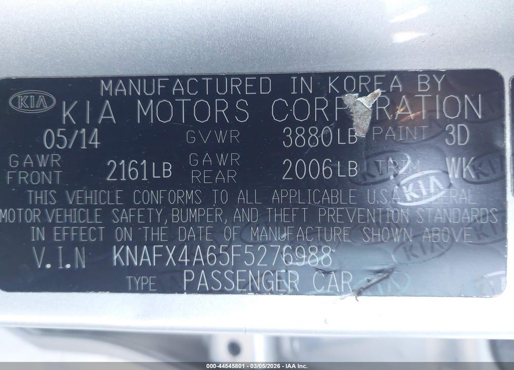 2015 KIA FORTE LX VIN: KNAFX4A65F5276988
