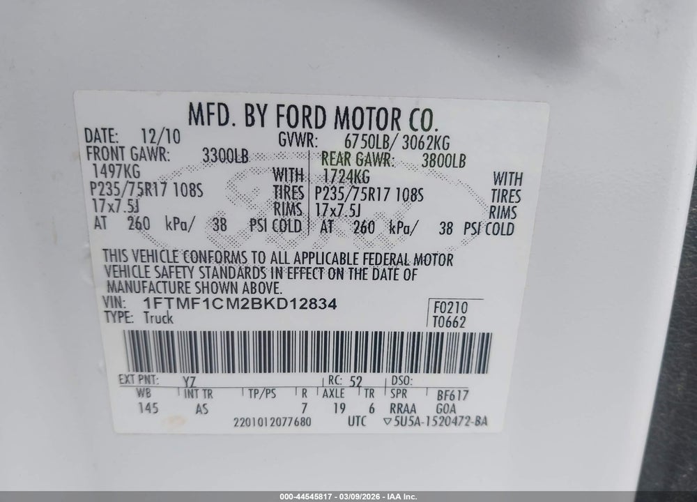2011 FORD F-150 XL VIN: 1FTMF1CM2BKD12834