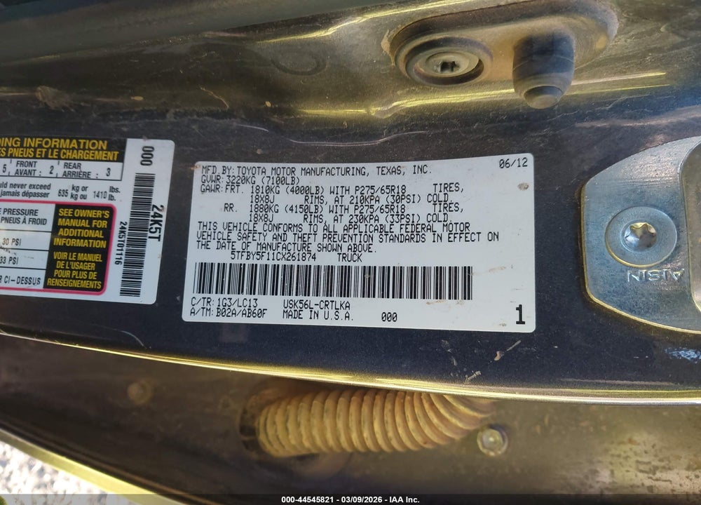 2012 TOYOTA TUNDRA LIMITED 5.7L V8 VIN: 5TFBY5F11CX261874