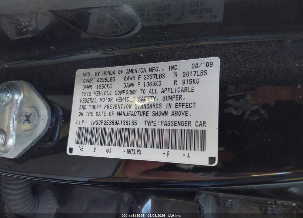 2009 HONDA ACCORD 2.4 LX VIN: 1HGCP25389A136165