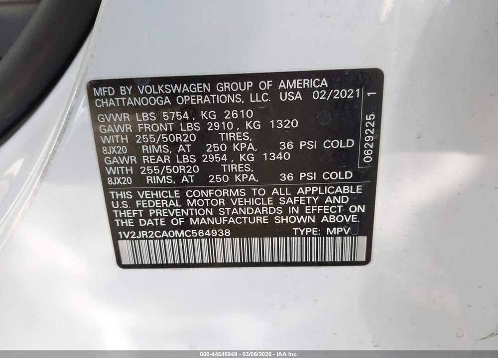 2021 VOLKSWAGEN ATLAS 3.6L V6 SE W/TECHNOLOGY VIN: 1V2JR2CA0MC564938