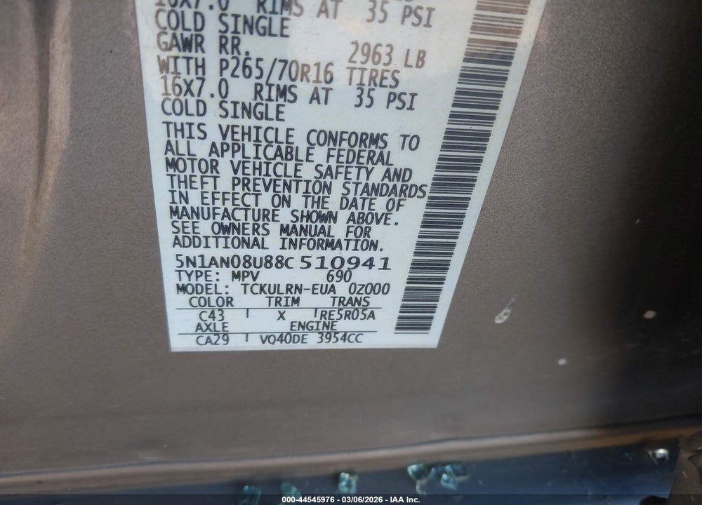 2008 NISSAN XTERRA S VIN: 5N1AN08U88C510941