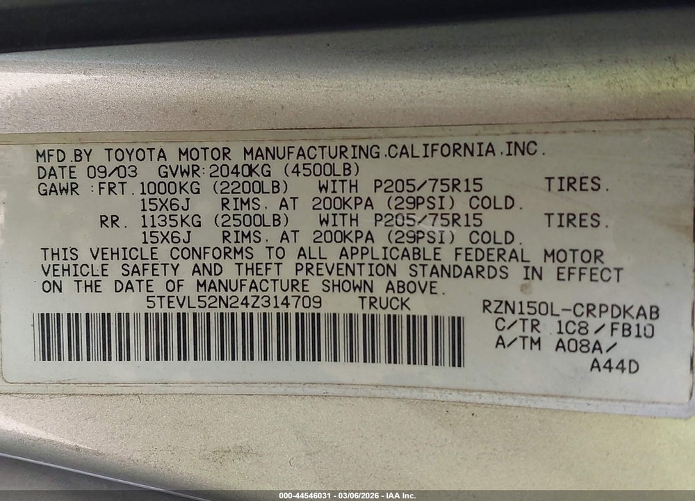 2004 TOYOTA TACOMA VIN: 5TEVL52N24Z314709