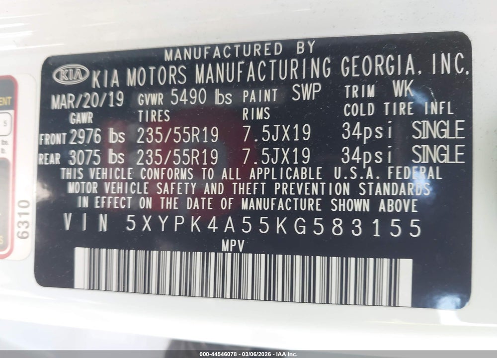 2019 KIA SORENTO 3.3L SXL VIN: 5XYPK4A55KG583155