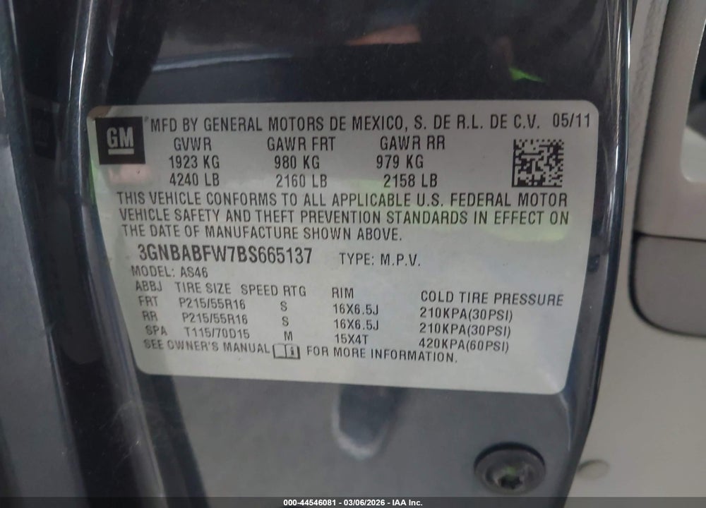 2011 CHEVROLET HHR LT VIN: 3GNBABFW7BS665137