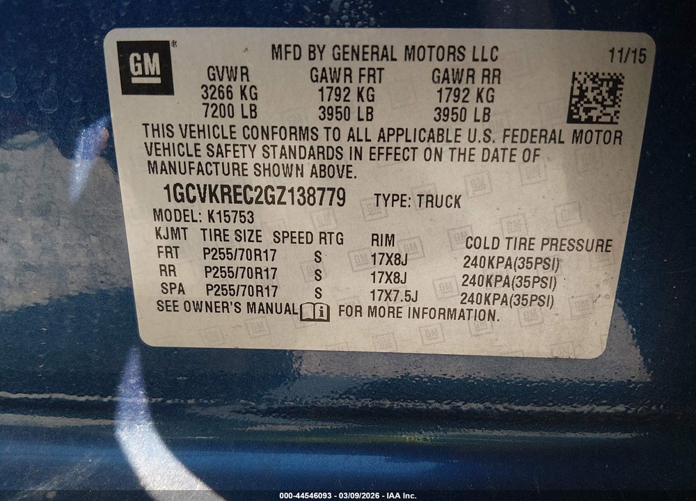 2016 CHEVROLET SILVERADO 1500 1LT VIN: 1GCVKREC2GZ138779