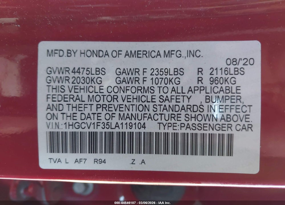 2020 HONDA ACCORD SPORT VIN: 1HGCV1F35LA119104