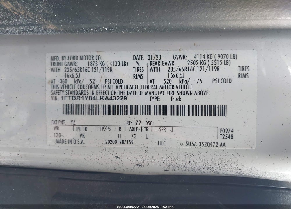 2020 FORD TRANSIT T- VIN: 1FTBR1Y84LKA43229
