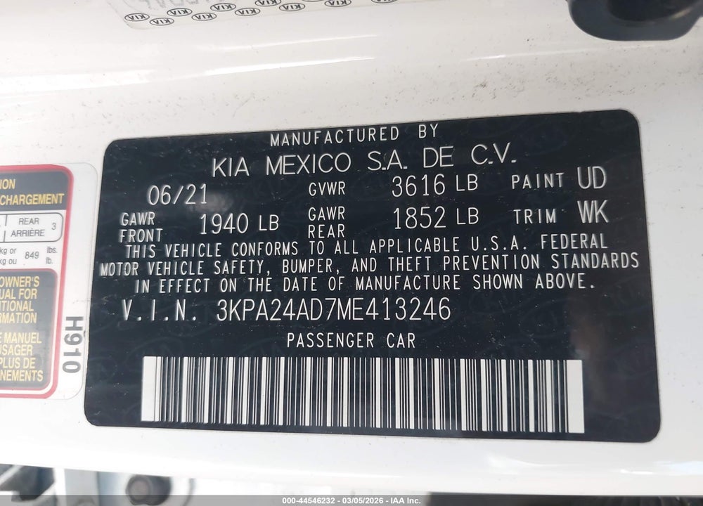 2021 KIA RIO LX VIN: 3KPA24AD7ME413246