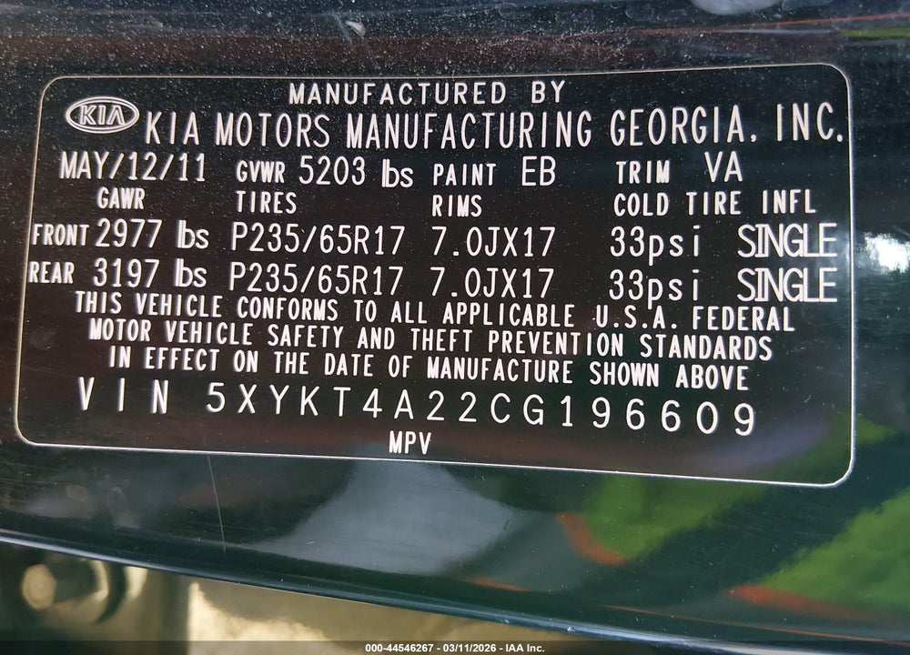 2012 KIA SORENTO LX V6 VIN: 5XYKT4A22CG196609