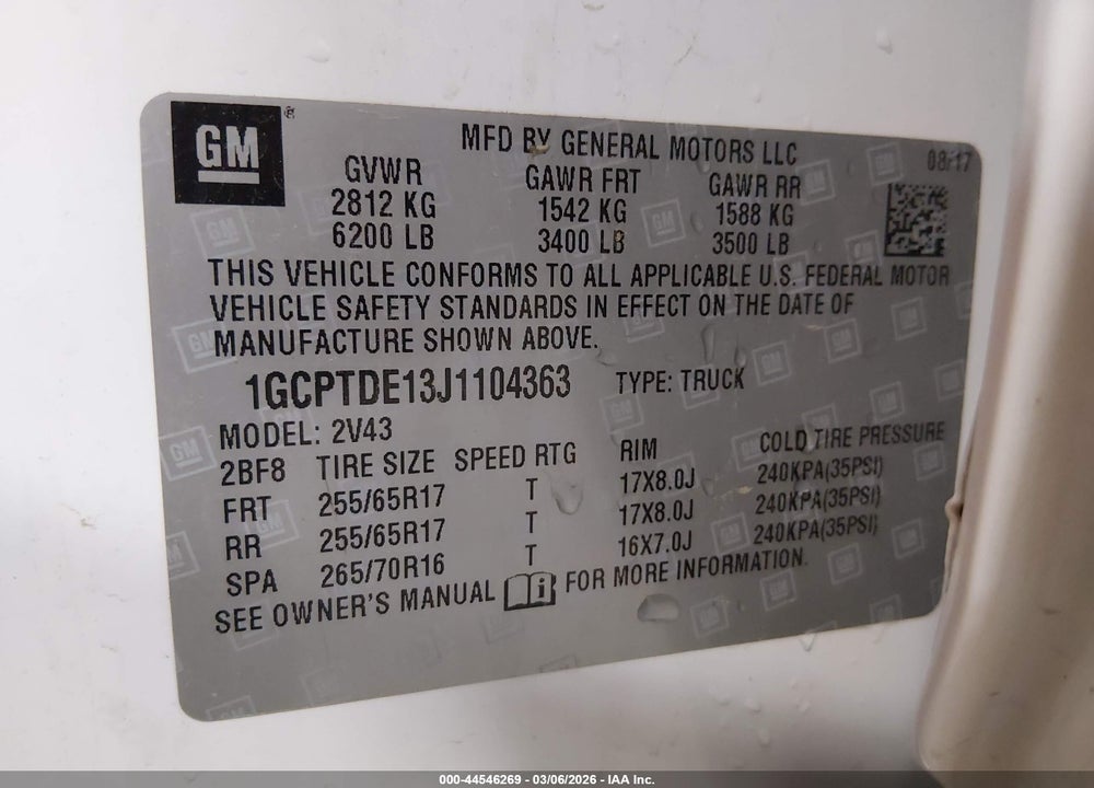 2018 CHEVROLET COLORADO Z71 VIN: 1GCPTDE13J1104363