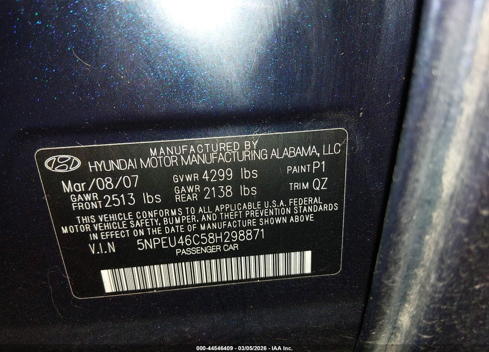 2008 HYUNDAI SONATA LIMITED/SE VIN: 5NPEU46C58H298871