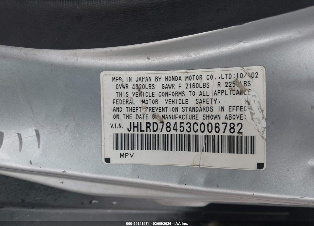 2003 HONDA CR-V LX VIN: JHLRD78453C006782