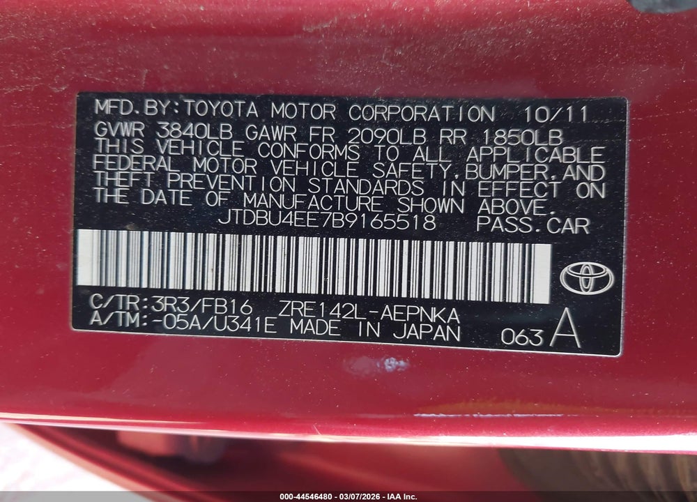 2011 TOYOTA COROLLA LE VIN: JTDBU4EE7B9165518