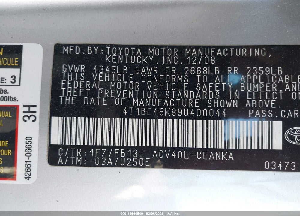 2009 TOYOTA CAMRY LE VIN: 4T1BE46K89U400044