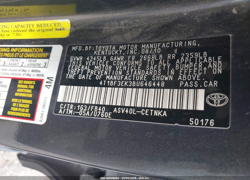 2011 TOYOTA CAMRY LE VIN: 4T1BF3EK3BU646448