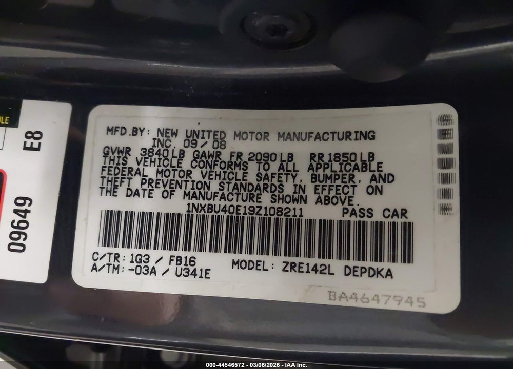 2009 TOYOTA COROLLA LE VIN: 1NXBU40E19Z108211