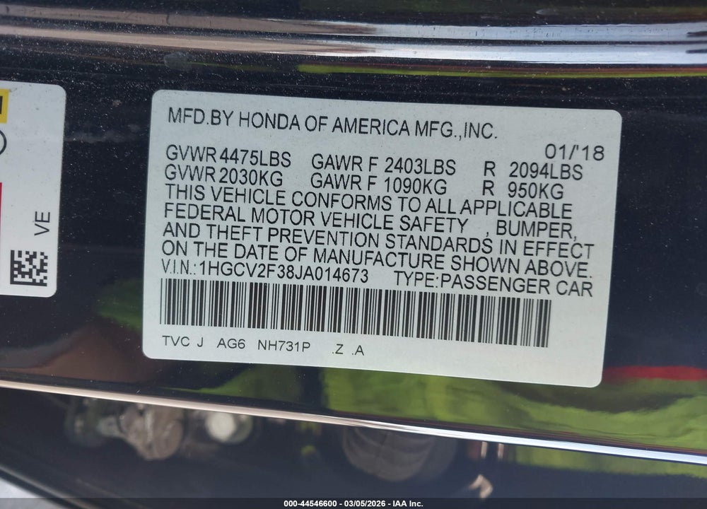 2018 HONDA ACCORD SPORT 2.0T VIN: 1HGCV2F38JA014673