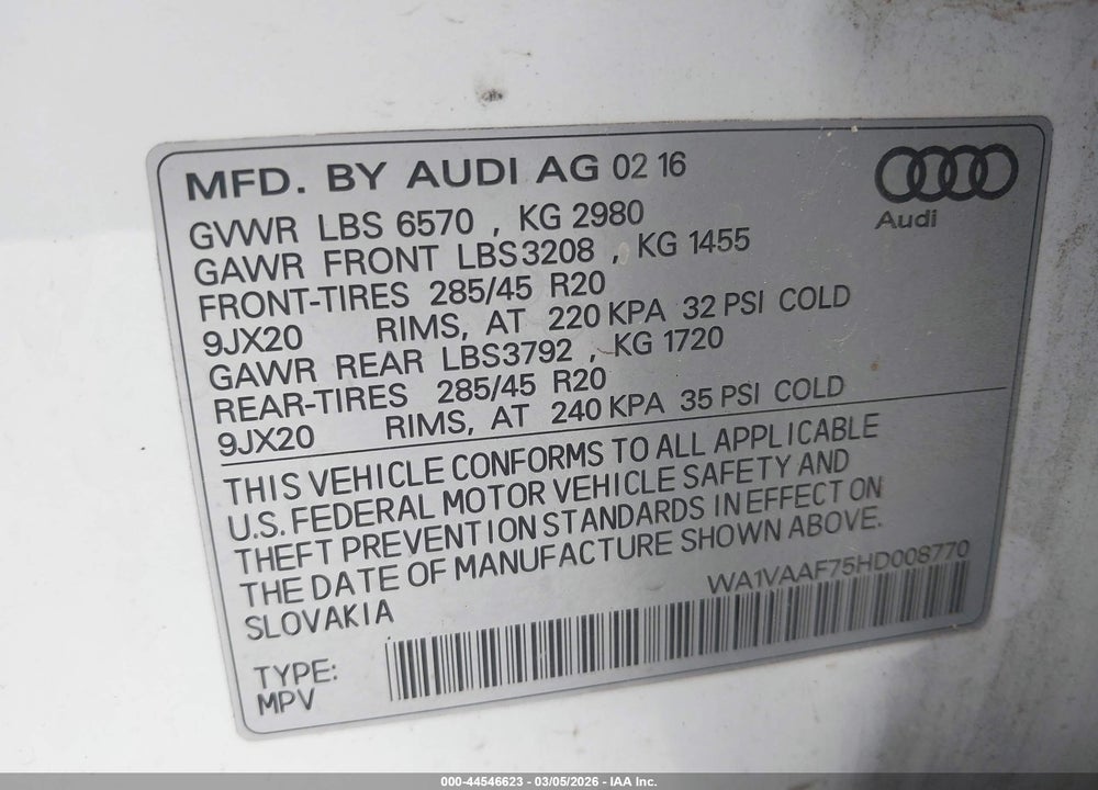2017 AUDI Q7 3.0T PREMIUM VIN: WA1VAAF75HD008770