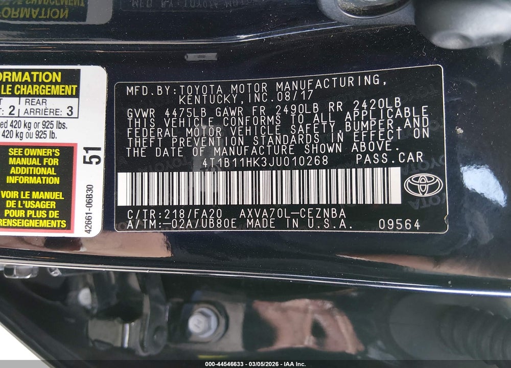2018 TOYOTA CAMRY LE VIN: 4T1B11HK3JU010268