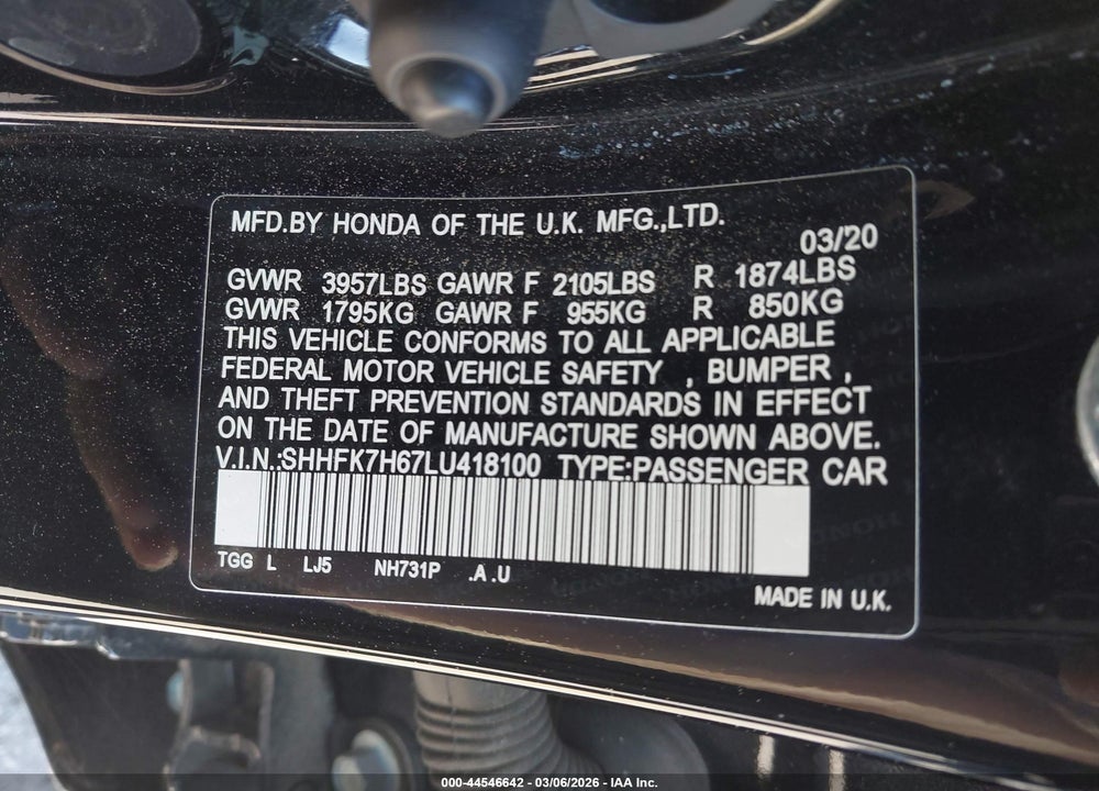 2020 HONDA CIVIC EX VIN: SHHFK7H67LU418100