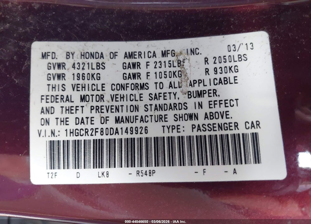2013 HONDA ACCORD EX-L VIN: 1HGCR2F80DA149926
