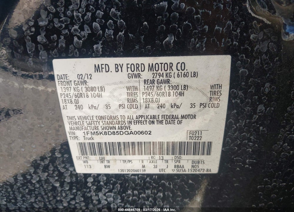 2013 FORD EXPLORER XLT VIN: 1FM5K8D85DGA00602