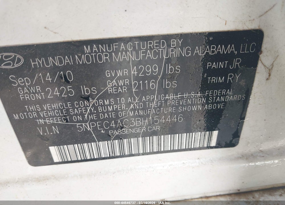 2011 HYUNDAI SONATA SE VIN: 5NPEC4AC3BH154446
