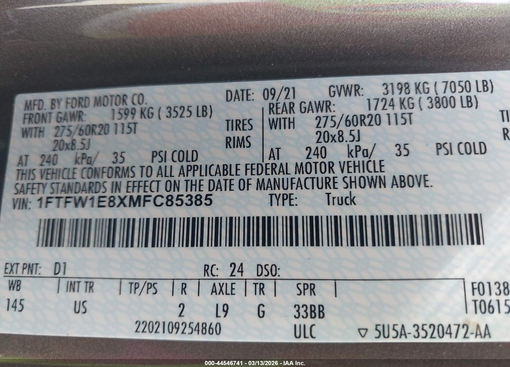 2021 FORD F-150 XLT VIN: 1FTFW1E8XMFC85385