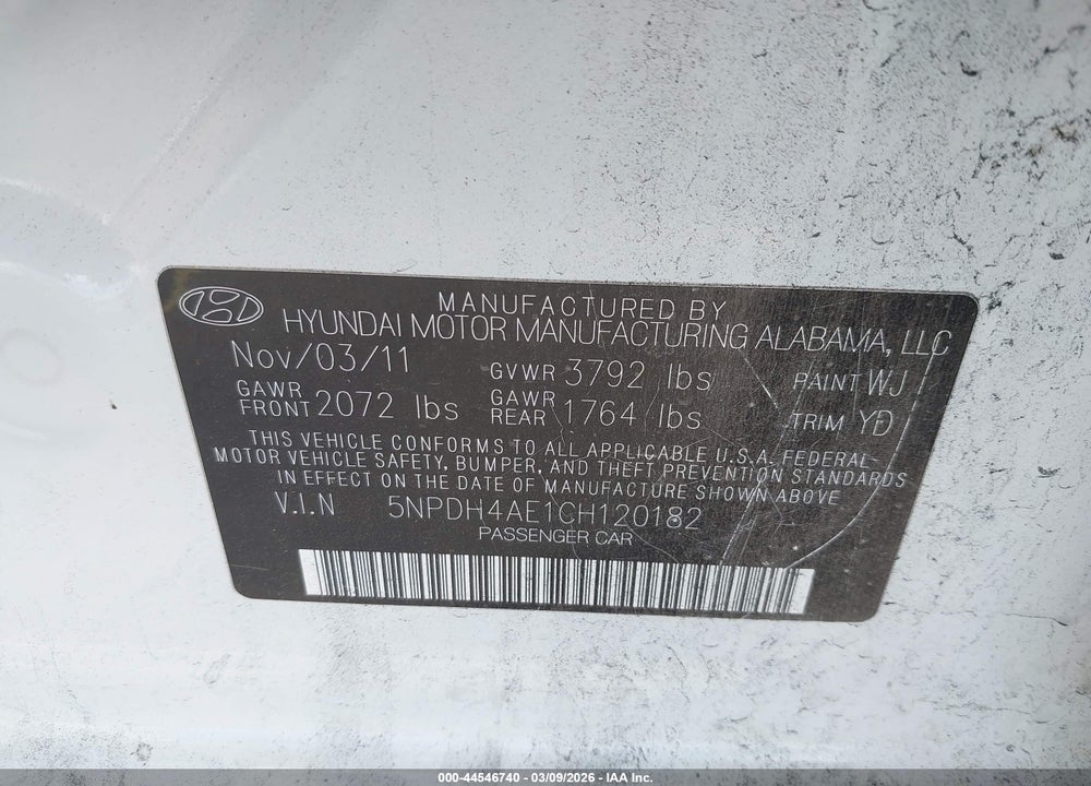 2012 HYUNDAI ELANTRA LIMITED VIN: 5NPDH4AE1CH120182