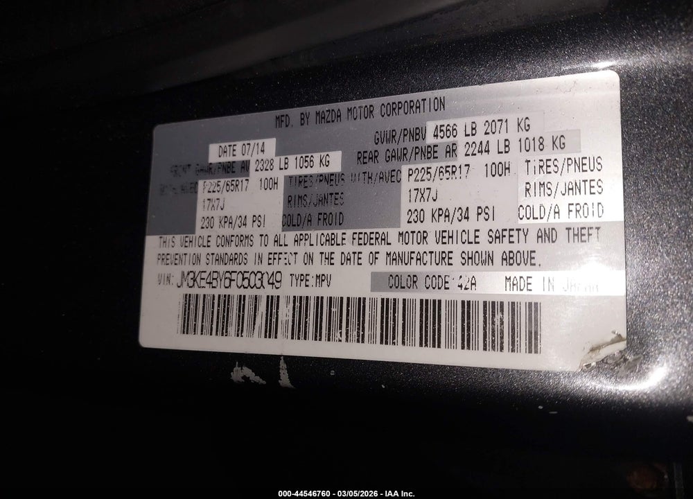 2015 MAZDA CX-5 SPORT VIN: JM3KE4BY6F0503049