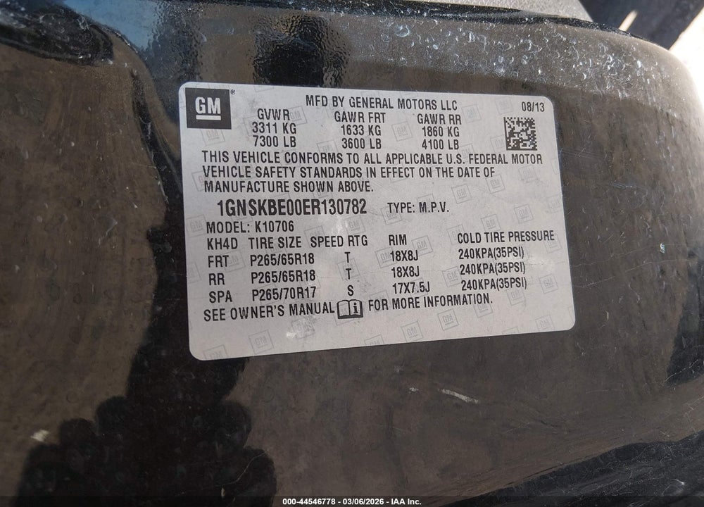 2014 CHEVROLET TAHOE LT VIN: 1GNSKBE00ER130782