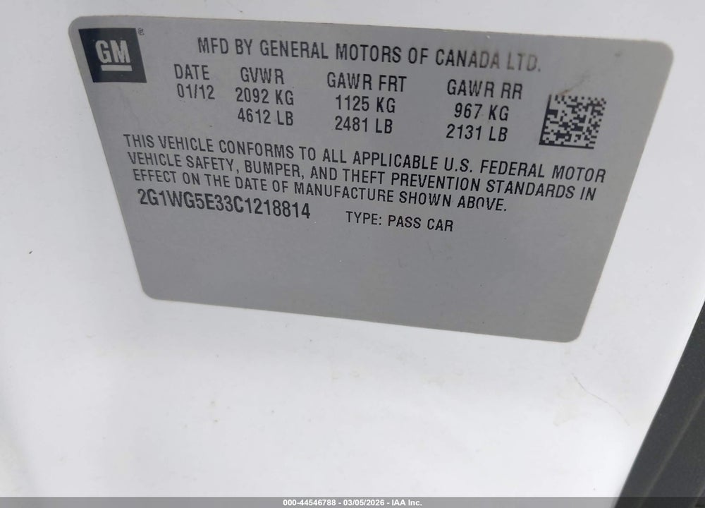 2012 CHEVROLET IMPALA LT VIN: 2G1WG5E33C1218814