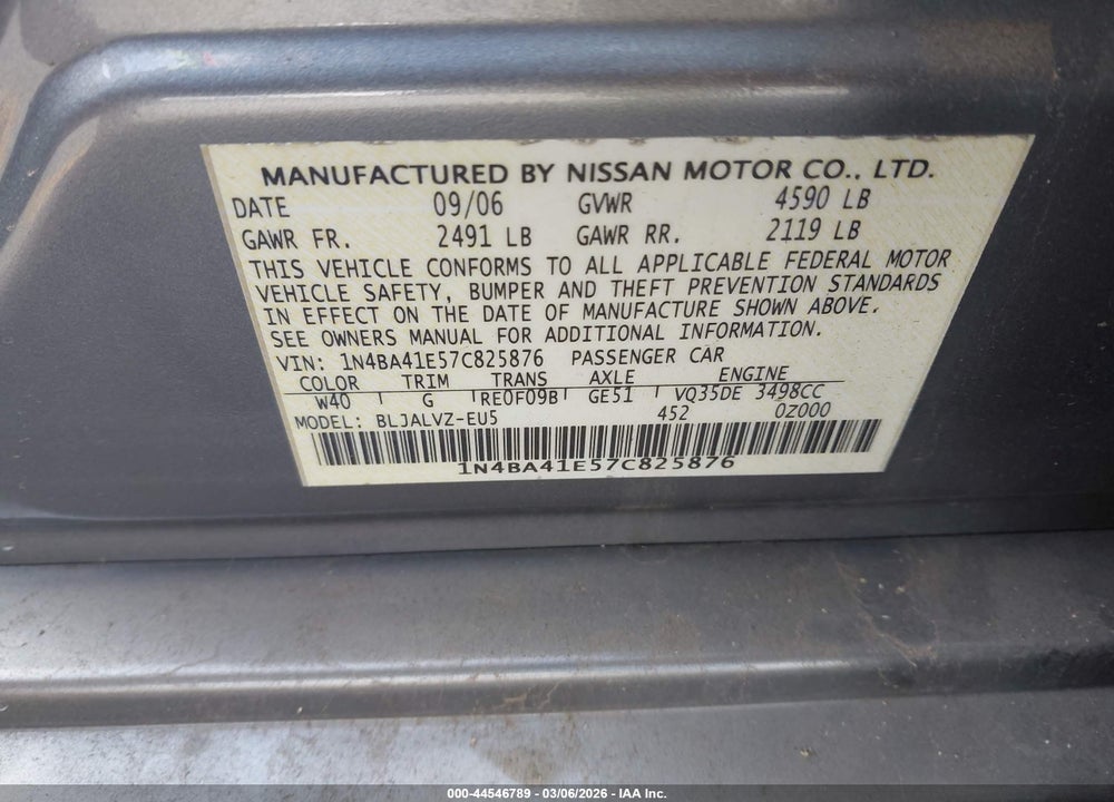 2007 NISSAN MAXIMA 3.5 SE VIN: 1N4BA41E57C825876