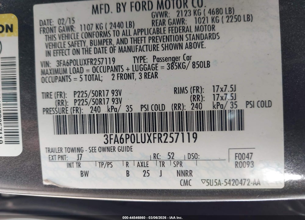 2015 FORD FUSION HYBRID SE VIN: 3FA6P0LUXFR257119