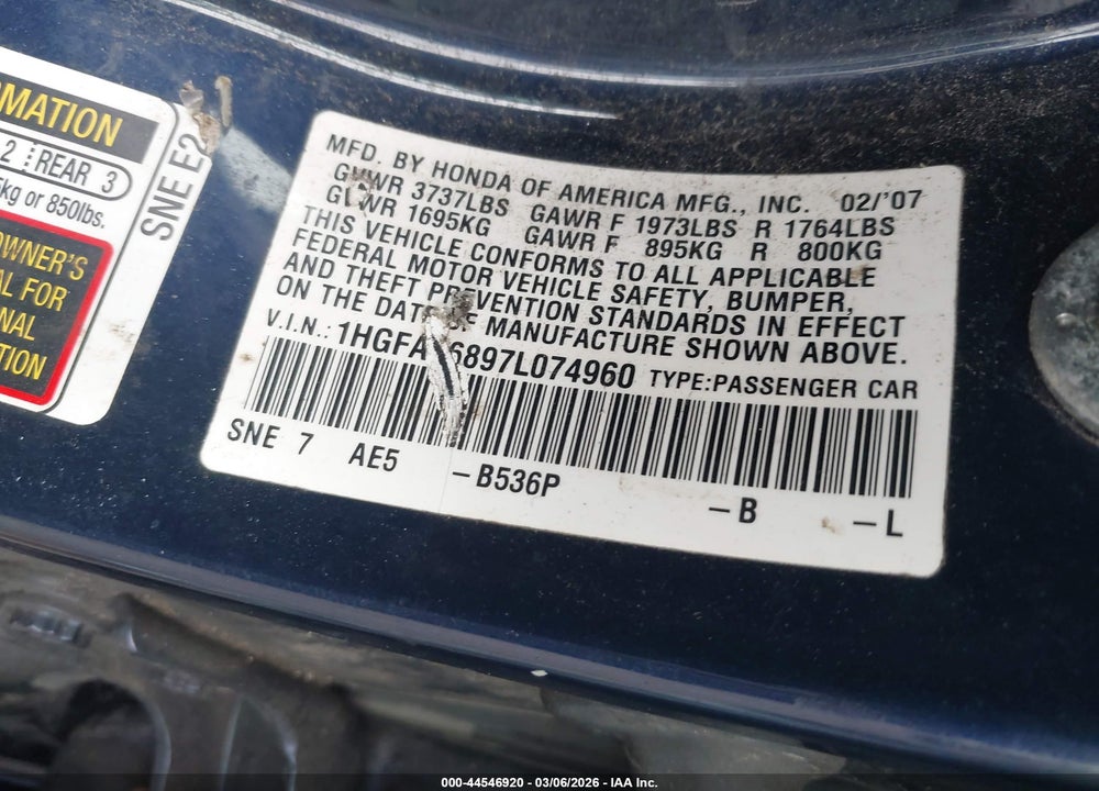 2007 HONDA CIVIC EX VIN: 1HGFA16897L074960