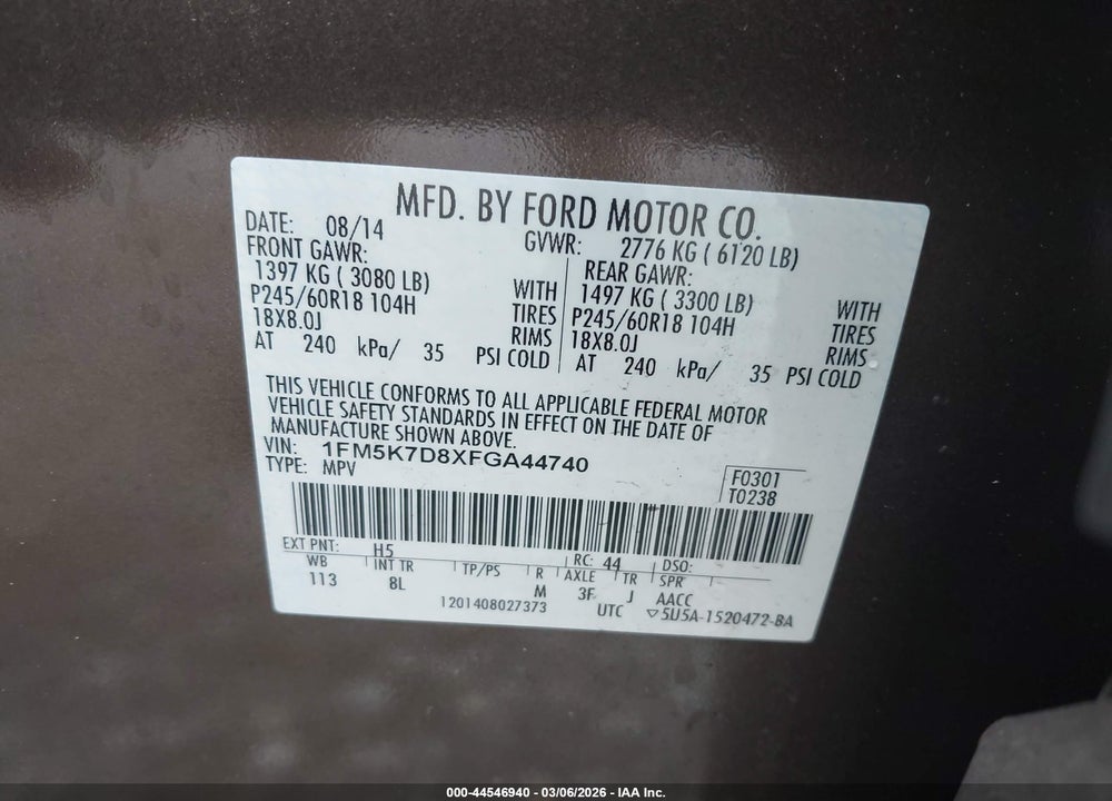 2015 FORD EXPLORER XLT VIN: 1FM5K7D8XFGA44740