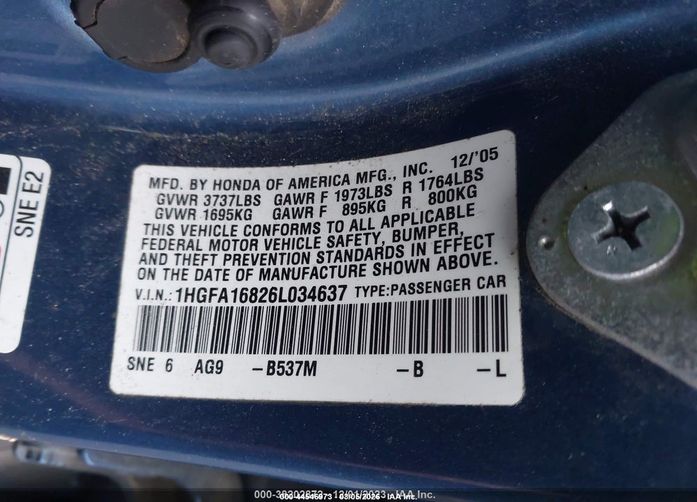 2006 HONDA CIVIC EX VIN: 1HGFA16826L034637