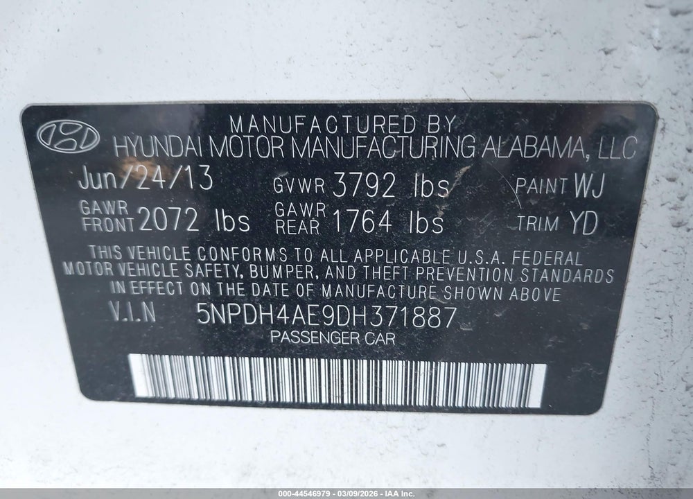 2013 HYUNDAI ELANTRA GLS VIN: 5NPDH4AE9DH371887