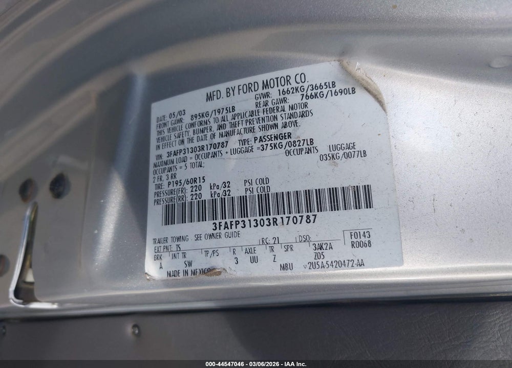 2003 FORD FOCUS ZX3 VIN: 3FAFP31303R170787