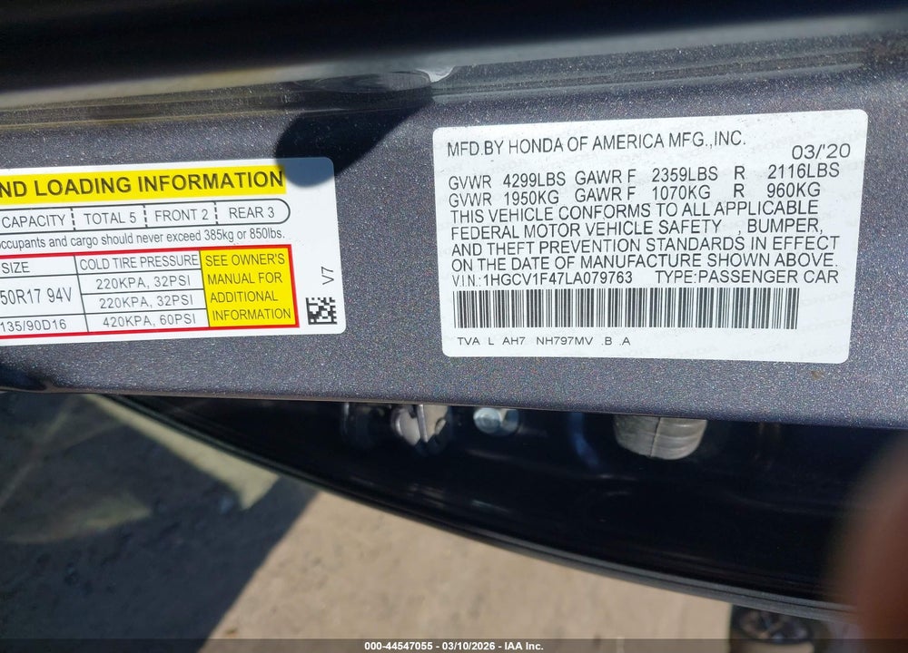 2020 HONDA ACCORD EX VIN: 1HGCV1F47LA079763