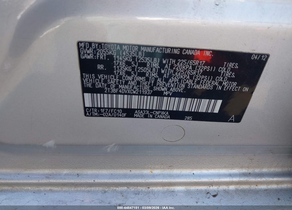2012 TOYOTA RAV4 VIN: 2T3BF4DVXCW211937